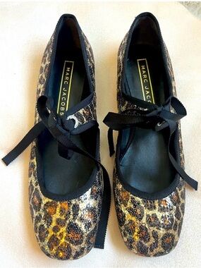Marc Jacobs Leopard Sequin Ballet Flats with Black Ribbon Trim